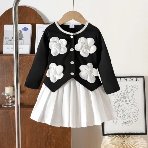 2025 Autumn/Winter New Girls' Set: Black Long Sleeved Top with Flowers for Children+White Short Skirt 2-piece Set