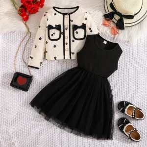 2025 Autumn/Winter New Girl Sweet Set Black Small Flower Printed Top+Solid Color Yarn Skirt 2-piece Set